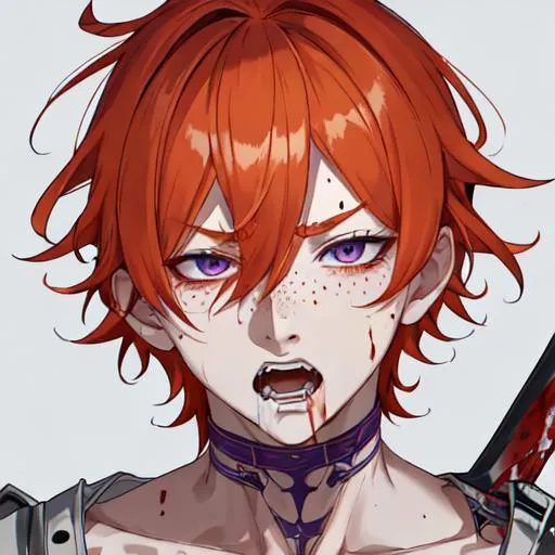 Prompt: Erikku male adult (short ginger hair, freckles, right eye blue left eye purple) UHD, 8K, Highly detailed, insane detail, best quality, high quality, covered in blood, covering his face with his hand, wide eyes, insane, fear, threatening, laughing, angry, fighting, psychopathic, anime style, pointing a knife at the viewer