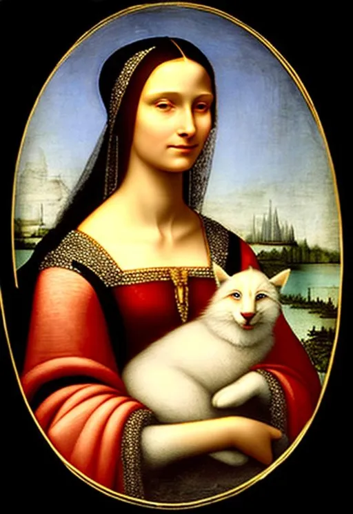 Prompt: A beautiful elderly lady holding a cat in the style Leonardo De Vinci


