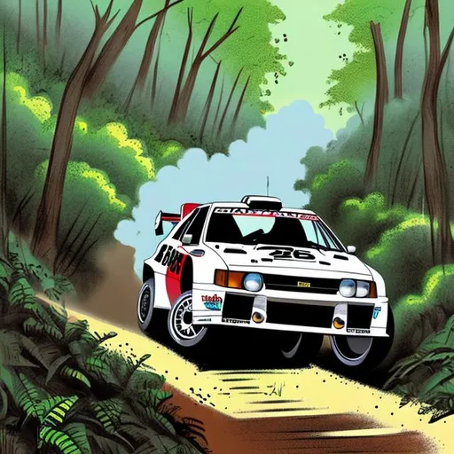 Prompt: Group b rally car sliding through a corner in the woods on a dirt path  as crowds dive out of the way, anime, cell shaded, art, digital art