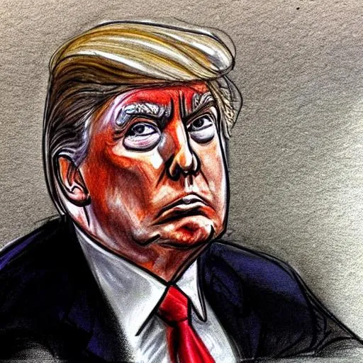 Prompt: President Donald Trump in a courtroom sketch