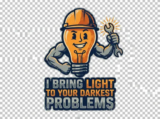 Prompt: Create an image for text below (Text should be included). context: Electricians. Funny and smart.
TExt:
" I bring light to your darkest problems."
Image will be printed on a white t-shirt after you generate a nice one.

Should look more fit for a man to wear it. so make it appropiate.

The image should not contain the t-shirt. Only the image that should be printed.
