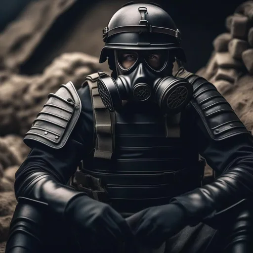 Prompt: A depression modern roman military male in black military roman armor, and gas mask, sitting in trench, background bunker, Hyperrealistic, sharp focus, Professional, UHD, HDR, 8K, Render, electronic, dramatic, vivid, pressure, stress, traumatic, dark.