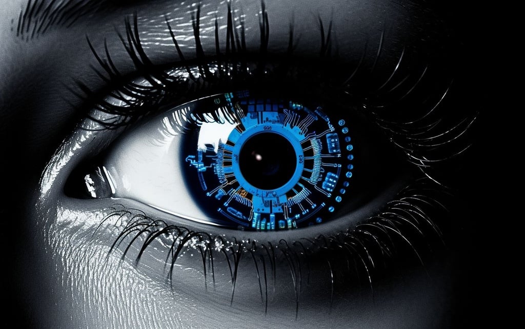 Prompt: an eye with a blue ring inside of it, in the style of high-tech futurism, signe vilstrup, security camera, realistic renderings of the human form, distinctive black and white photography, bryce 3d, toyo ito