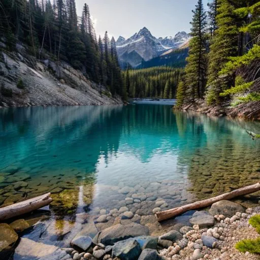 Prompt: Blue lake, rocks, fish inside, trees, sun, mountain, flowers, camp, firewood.
