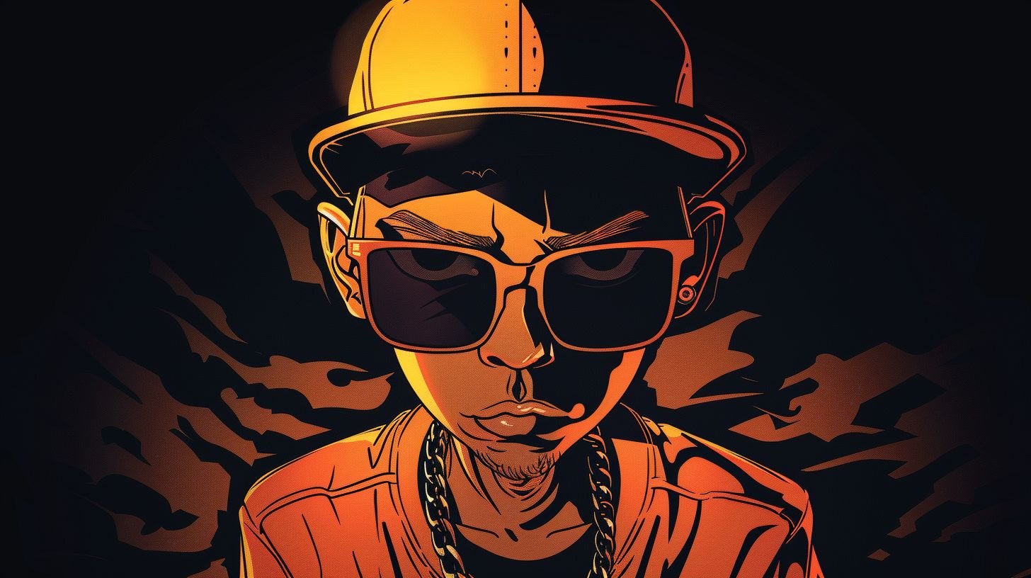 Prompt: a cartoon character in sunglasses and a baseball cap on a dark background, in the style of light painting, flawless line work, lyon school, orange and gold, mirrored, devilcore, hyper-realistic water
