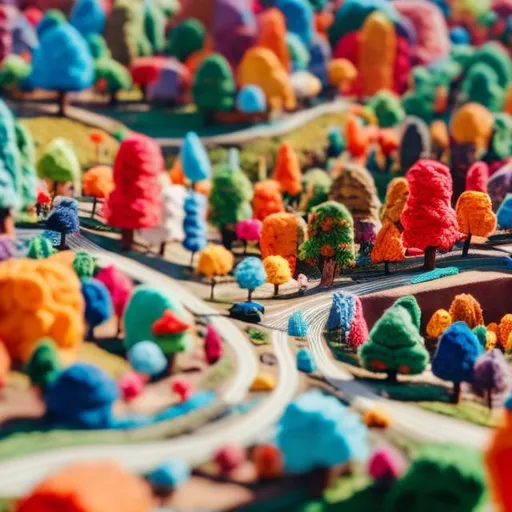 Prompt: A toy imaginary rd village made of colorful yarn and felt wit cars on a mountain road