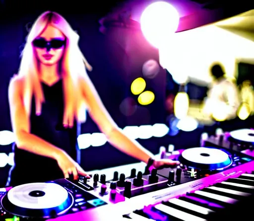 Prompt: blonde girl wearing sunglasses, making music, dj soundboard, dj kit, dim lights, djing, dim light, realism, 4k, in focus, making music, djing for a crowd