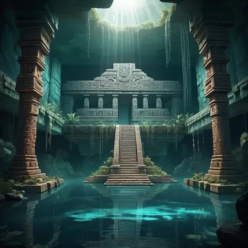 Prompt: Fantasy illustration of an cenote, aztec architecture, intricate carvings and ornate details, immersive world-building, high quality, ghostly atmosphere, detailed, epic scale, fantasy, game style