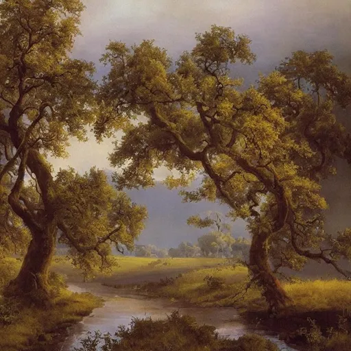 Prompt: masterpiece painting of three whispy oak trees on a hillside with a creek flowing upstream, by Aleksy Savrasov