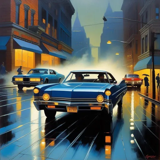 Prompt: 1970s Gotham City, car chase, rain, fog, dark blue atmosphere, cartoony style, extremely detailed painting by Greg Rutkowski and by Henry Justice Ford and by Steve Henderson