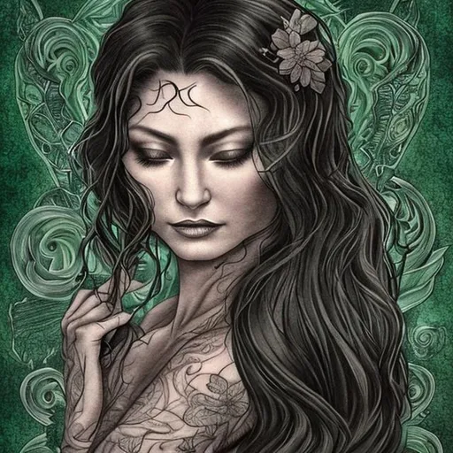 Prompt: A memory of a dark long haired woman 40 years old, beautiful, perfect skin, with tattoos depicting serenity and green eyes that blend with her hair