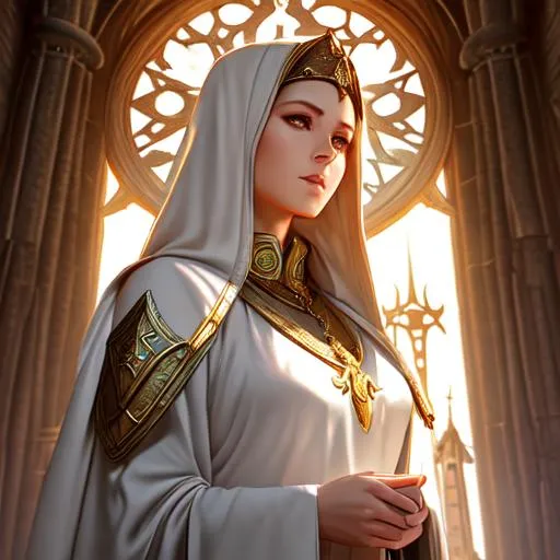 Prompt: Panned out shot, Female cleric, Priestess, Long Robes, religious, Fantasy, dnd, Dungeons and dragons, medieval fantasy, Full body portrait, medium shot, masterpiece, best quality, ultra-detailed, Breathtaking, symmetrical, soft lighting, digital painting
