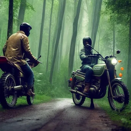 Prompt: the forest woods and a sad men whit a fast motocaicol  in the rain 
