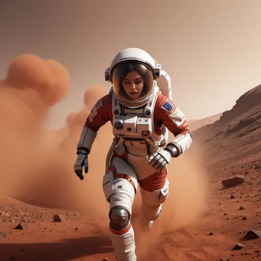 Prompt: fast-paced action shot of a female astronaut running away from a red sandstorm on Mars, muse, stunning, intricately detailed, beautifully color-coded, unreal engine, octane render --ar 9:16 --style expressive --s 1000 --q 2 --niji 5