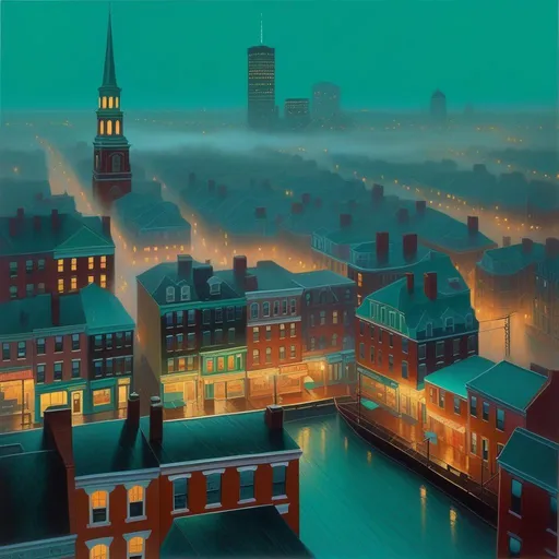 Prompt: Aerial view of North End, Boston, 1980s, rain, fog, dark teal atmosphere, cartoony style, extremely detailed painting by Greg Rutkowski and by Henry Justice Ford and by Steve Henderson