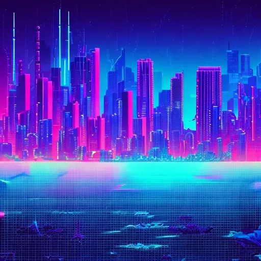 Prompt: Synthwave digital sea. Ocean of space and digital grids. 