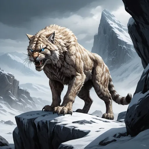 Prompt: Fantasy Illustration of a huge sabretooth cat, lurking on a rocky outcrop in a snowy landscape, dangerous atmosphere, high quality, rpg-fantasy, detailed, intense, 