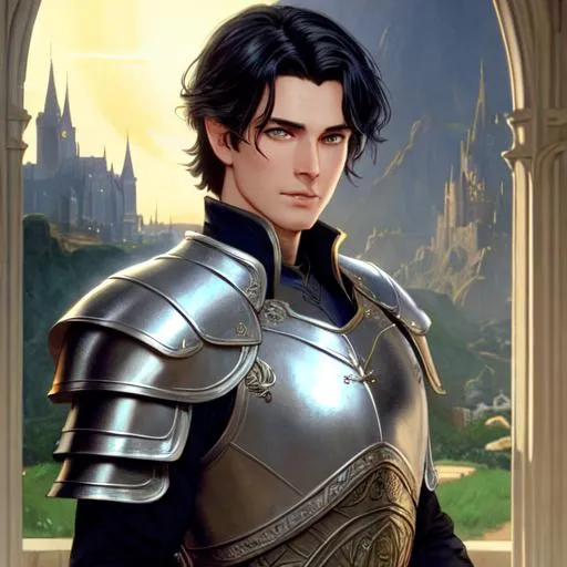 Prompt: Portrait of Gilthien with short hair. Castle city background. He is ethereal. He has fair skin. His hair is black. His eyes are golden and his hair is short. He is cleanshaven. Wears dark armor, with silver accents. He has a shining silver halo. Dark room. Low light., Greg Rutkowski, John William Waterhouse, Alphonse Mucha. (vibrant colors:4), full hd, high quality, 4k, trending on artstation, oil painting, symmetrical, intricate, highly detailed, cell shaded