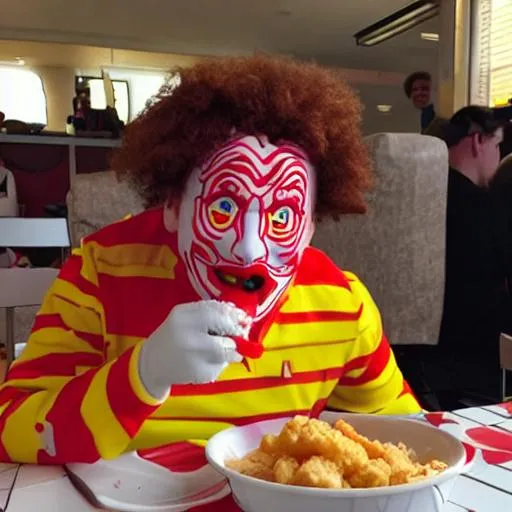 Prompt: Ronald McDonald eating a toddler