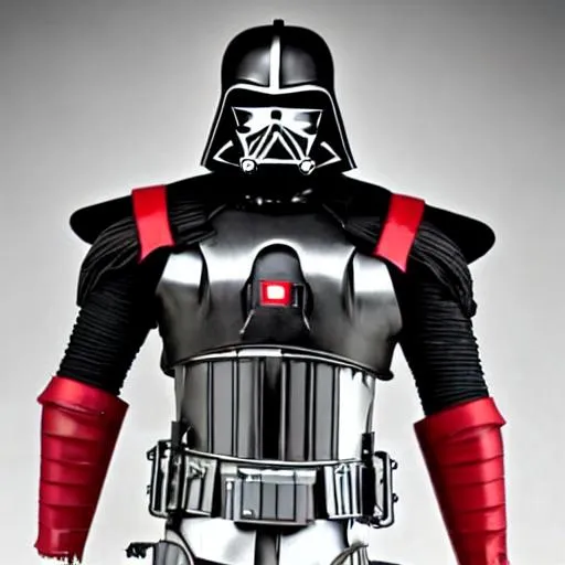 Prompt:  Hyper realistic urban Superhero, with a high tech Costume Design based on Samurai armor above the waist, primarily black with Red trim, below the waist is enclosed in a Flying wheeled armored-cart, shaped like a Star Wars snow speeder. He is flying above a downtown cityscape. Highly detailed and futuristic. Body-builder sized chest and arms. With the initials “JP” on his Chest shield, and with a yellow lightsaber.