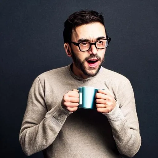 Prompt: Smug intellectual academic background visibly upset holding a coffee mug muted colours