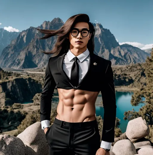 Prompt: an attractive  extremely long hair 20-years old shirtless man with abs and glasses wearing a crop top black business suit and tie and black business suit pants standing by the valley