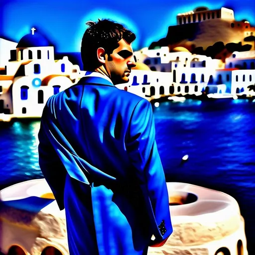 Prompt: A Greek person is a Greek-inspired business suit with a toga overcoat. The area is surrounded by buildings with blue domes, realistic, photograph, island location, detailed, hyper realistic