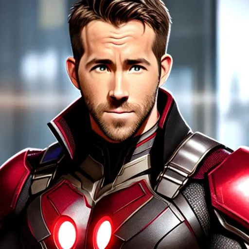 Prompt: Cinematic, Ryan Reynolds, handsome, modern armor, good shape, facial hair, two block hair