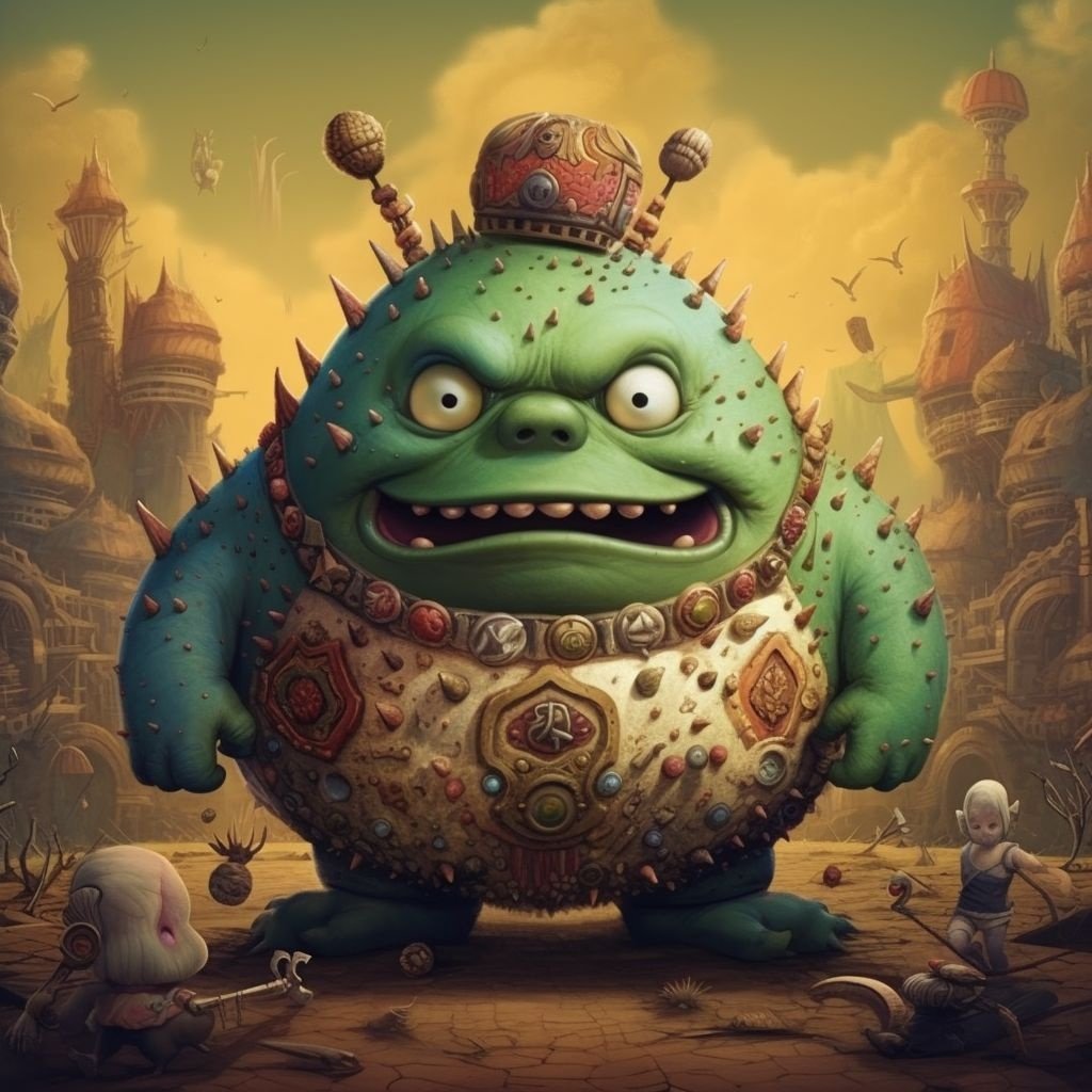 Prompt: chubby omoobomoo poster by robin williams, in the style of neo-pop surrealism, durk and gritty, green and bronze, spiky mounds, contemporary chinese art, zbrush, chicano art