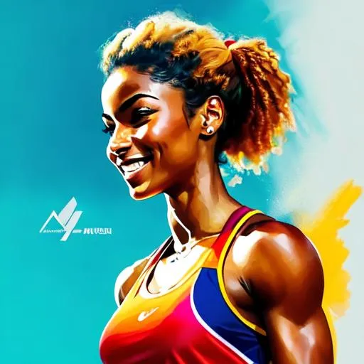 colorful graphic of young athletic woman smiling wit