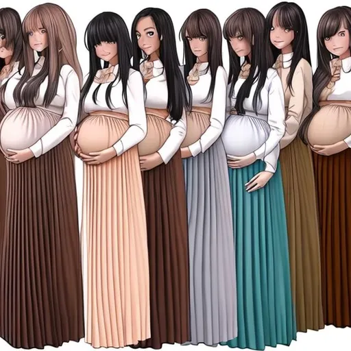 Prompt: There are multiple pregnant anime girls who are all wearing brown pleated long skirts. The hair of the anime girls are long and straight.

The pregnant anime girls are holding their baby bumps.

