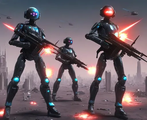 Prompt: Futuristic humanoid Soldiers invading a city, futuristic humanoid soldiers with laser guns and futuristic armor, futuristic aerial vehicles providing air support, futuristic battle, view from the ground, dead soldiers, fire, destruction