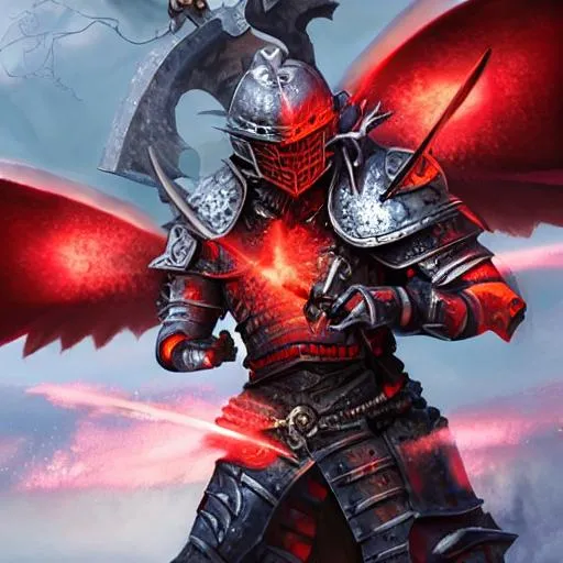 Prompt: portrait of a (Adult Dragonborn paladin in battle swinging a sword),wearing full plate armor, War background, D&D setting.  angel wings, red eyes with lightning streaking out. perfect composition, hyperrealistic, super detailed, 8k, high quality, trending art, trending on artstation, sharp focus, studio photo, intricate details, highly detailed, by greg rutkowski and alphonse mucha