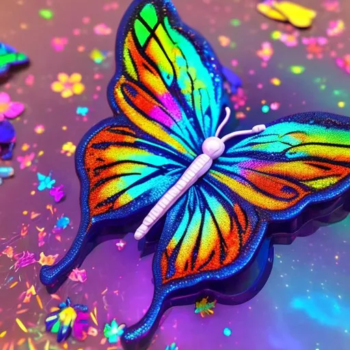 Prompt: Miniature Holographic butterfly diorama in the style of Lisa frank 