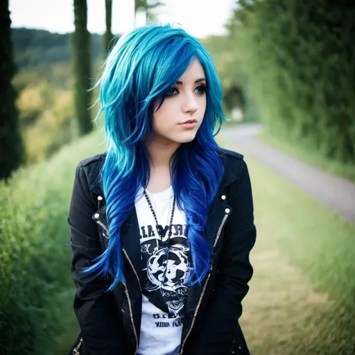 Prompt: alternative scene girl, blue hair, fashion clothes