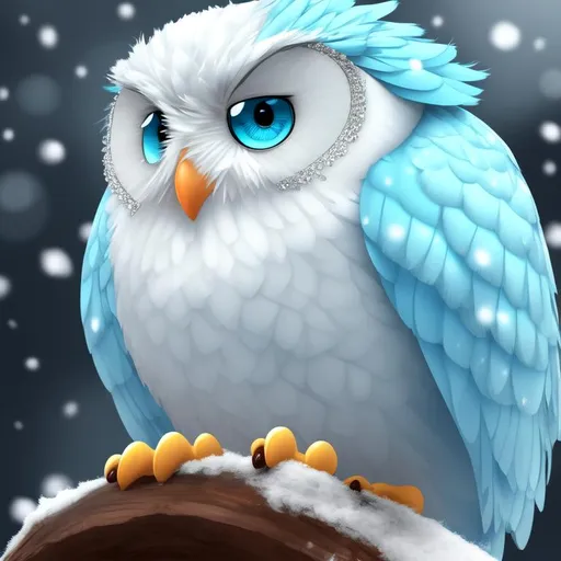 Prompt: This is a description of a Pixar character. It's a cute, fluffy, white snow owl with big, beautiful, aqua blue eyes. The feathers and fur are very detailed and have vivid colors. The owl is wearing fancy, golden accessories and is sitting on the shoulder of a wise, friendly old king with a long white beard. The rendering quality is very high.