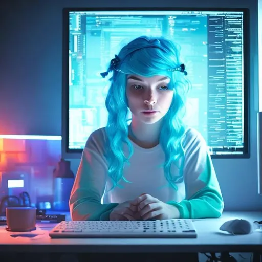 Prompt: With with blue hair in the dark huddled over a computer showing  data 