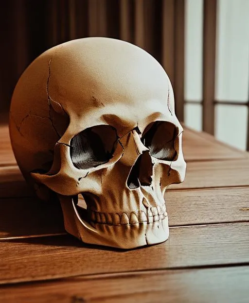 Prompt: a skull sitting on a wooden table, creepy. intricate details, photo, movie scene, cinematic, detailed, 4k sharp focus, realistic, 