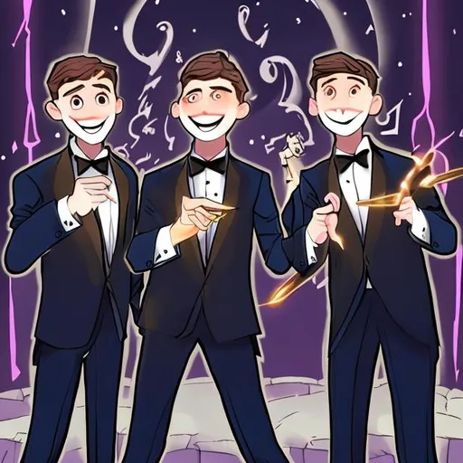 Prompt: Three 13-15 year old magic brothers in tuxedos having a bit too much fun casting magic spells together with there magic wands