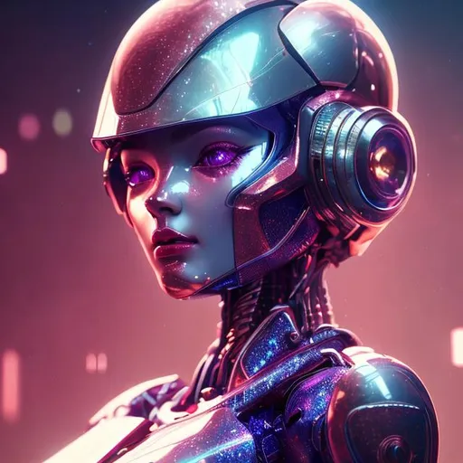 Prompt: a beautiful robot red head woman, feminine look, retro like, octane rendered 4k, hyperrealism, highly detailed, futuristic look, cinema 4k, lots of details, blue and purple background with stars, epic look, hajime sorayama look