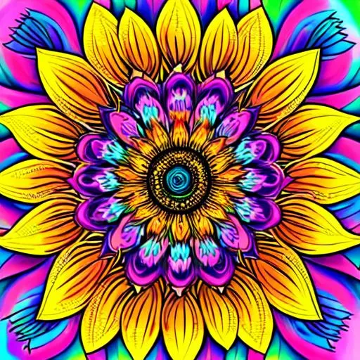 Prompt: Lisa Frank style illustration of sunflower psychedelic, detailed , outlines