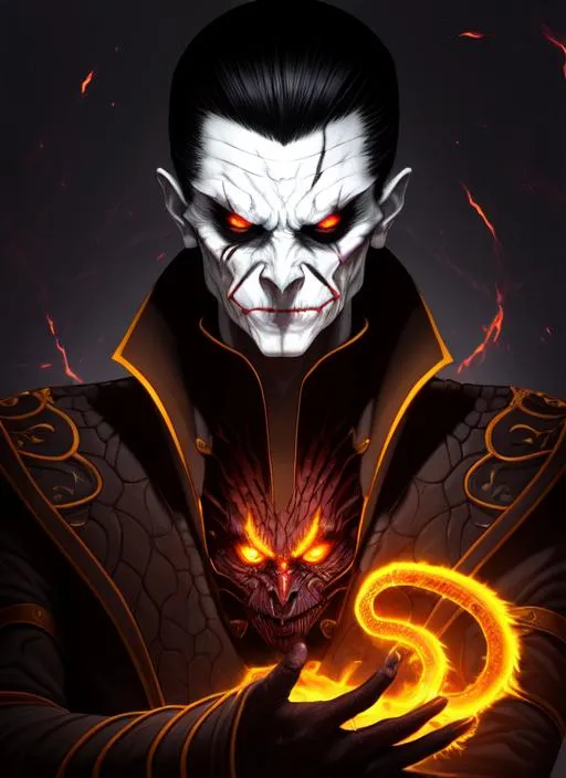 Prompt: special light ambient, color scheme dark, painting of front of male middle aged, handsome, reptilian yuan ti warlock with short, slick back hair, pale white skin, scaly, joker like scars, serpent fangs,  vertical pupils, yellow eyes, square jaw, black and red ornate rober, imp familiar perched on the shoulder, flame in hands, in hellish medieval background, D&D setting,  perfect composition, hyperrealistic, super detailed, 8k, high quality, trending art, trending on artstation, sharp focus, studio photo, intricate details, highly detailed, by greg rutkowski

