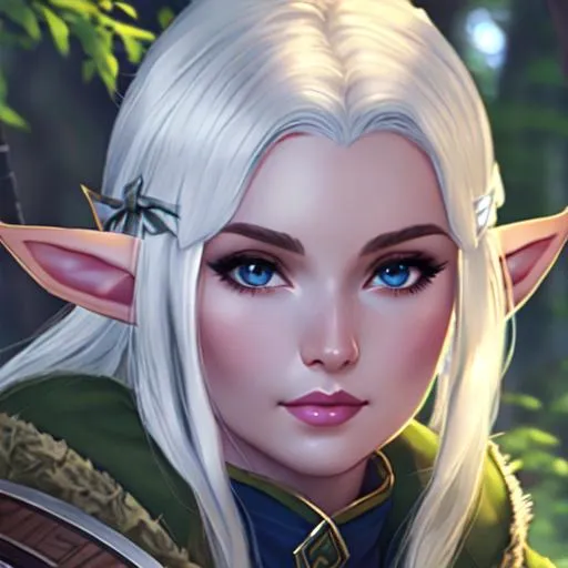 Prompt: woman elf, ranger,silver hair, pale skin, full lenght, bow,fur armor, in the forest