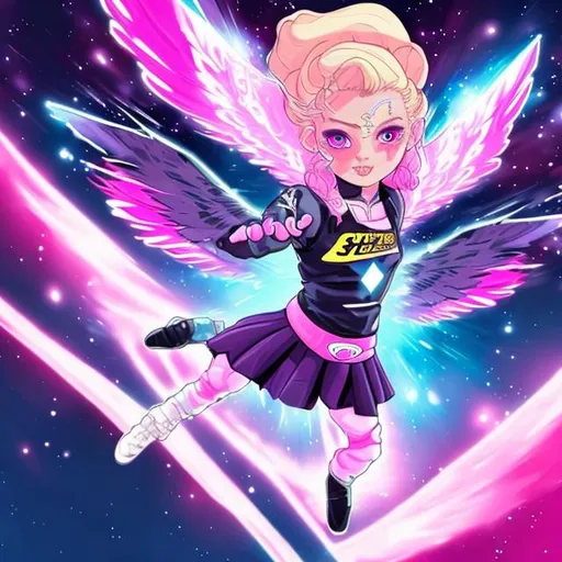 Prompt: A girl with blue eyes and blonde hair who is in a pink-black outfit which consists of wings and she is flying in space because she is having superpowers