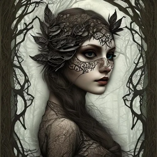 Prompt: Owl faced woman, forest, black lace leaves, white babkground. Intricate, detailed, Christian Schloe