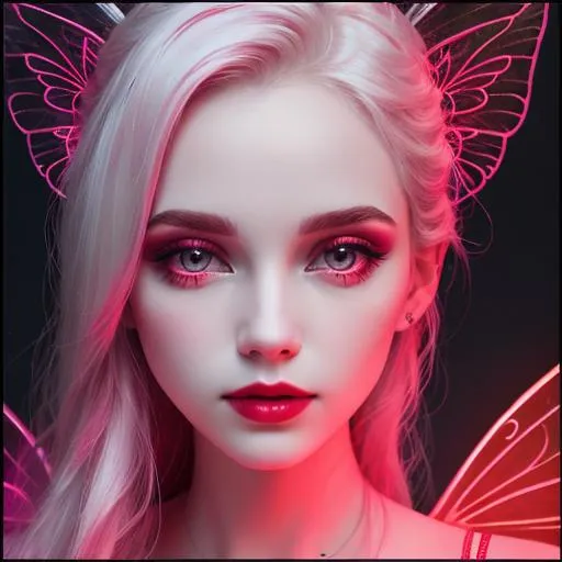 Prompt: fairy with pale skin. ,neon red colors,
 closeup