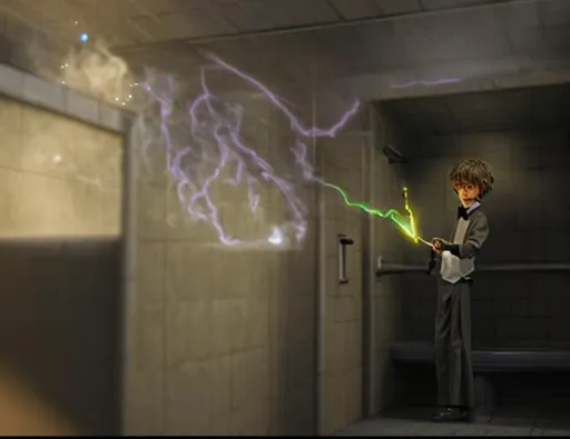 Prompt: 13 year old boy in a tuxedo casting a crazy magic spell from the outside of a bathroom stall with his magic wand, but the spell he cast happens on the inside of the bathroom stall because he cast the spell on the person inside who is warring a T shirt 
