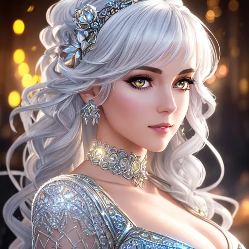 Prompt: Fantasy style, a hyper realistic detailed image of a feminine woman, covered in nightly glow, looking straight ahead, body facing camera, camera top third of image, perfect composition, super detailed, sharp focus HDR, UDR, 120k, square jaw, light silver and white coloured sheer dress, silver shoulder plates, long curly white hair, amber eyes, in a dark stary night-time fantasy background, 