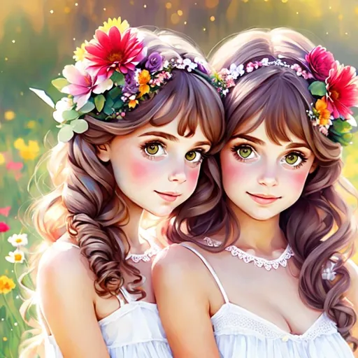 Prompt: two  cute girls, flowers in hair
