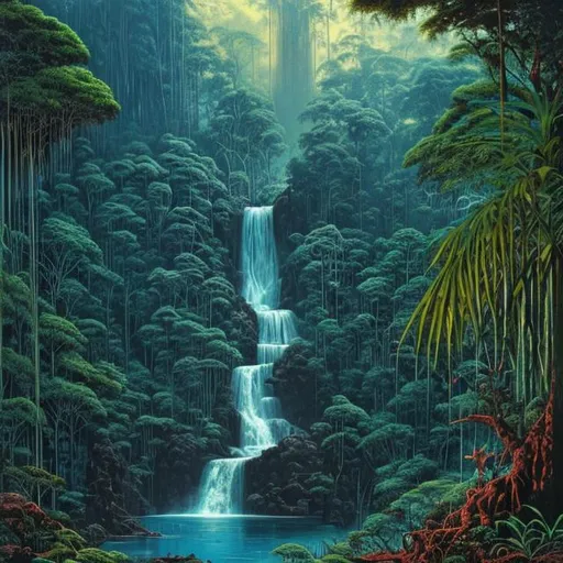 Prompt: Landscape painting, lush and dark jungle, a huge waterfall with rocky bed, dull colors, danger, fantasy art, by Hiro Isono, by Luigi Spano, by John Stephens